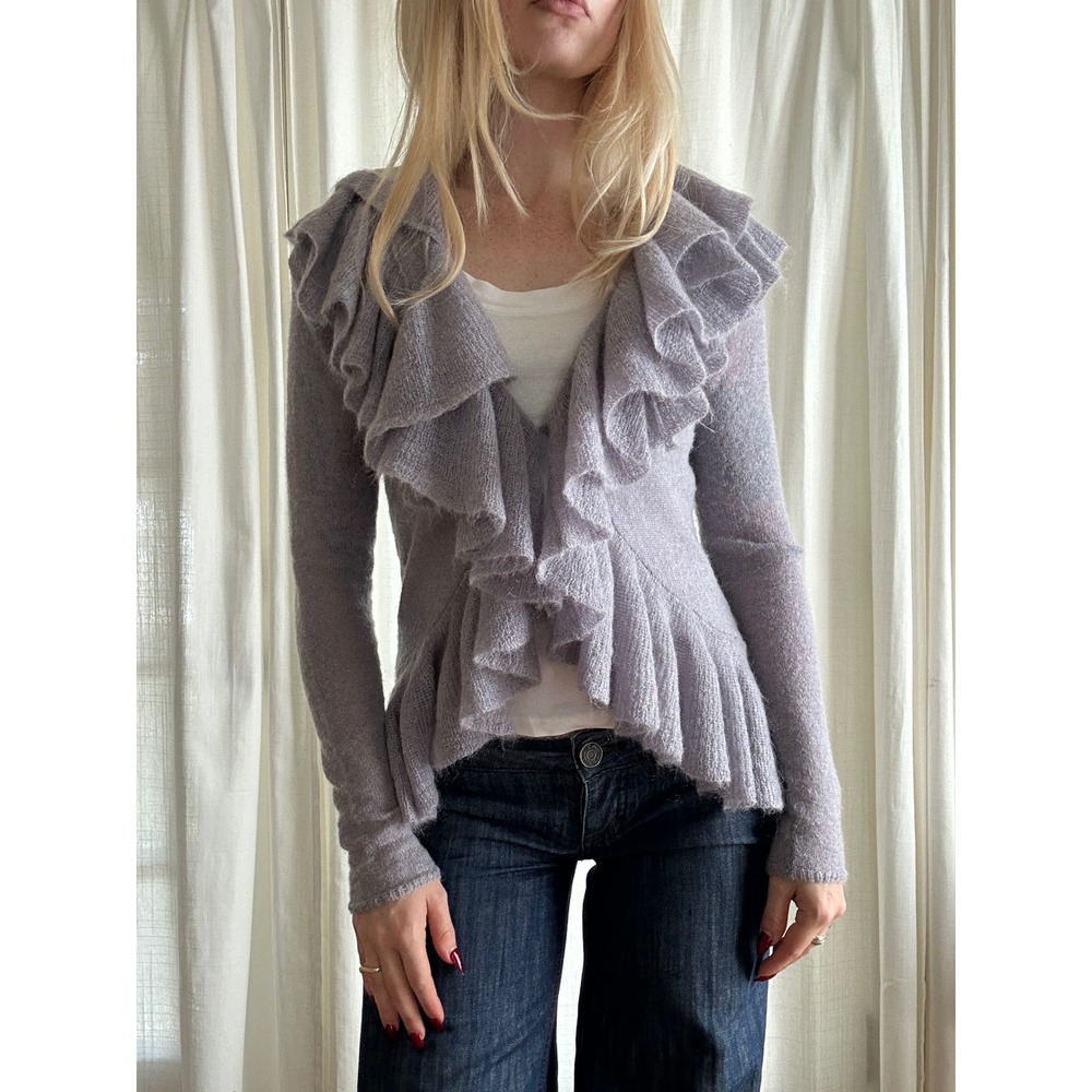 Vintage Y2K fuzzy mohair lilac ruffle duster cardigan moda international